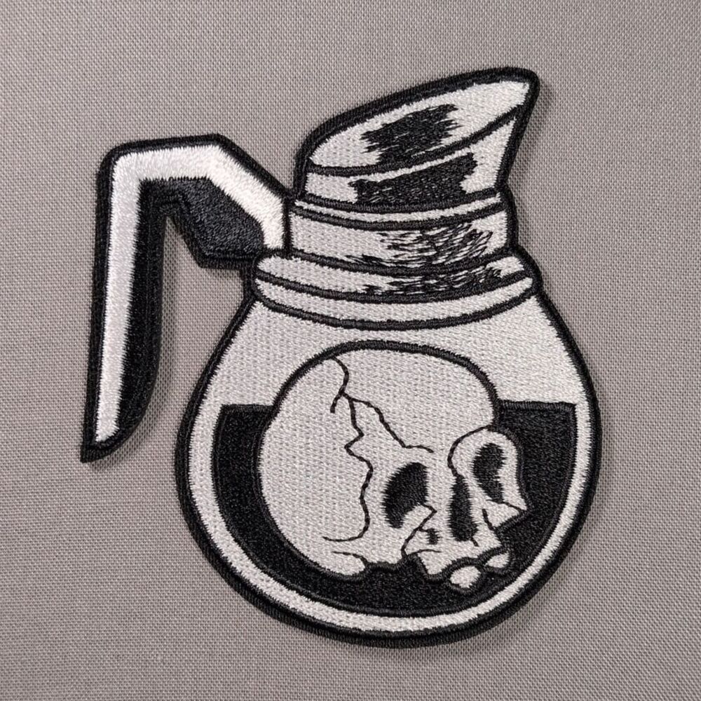 Skull Coffee Pot Iron On Patch | Gothic Coffee Patch